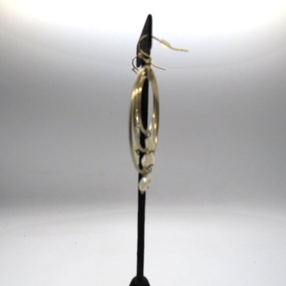 Hoop Earrings Gold Tone Triple Wire Dangle White Beads Accents - Picture 2 of 7